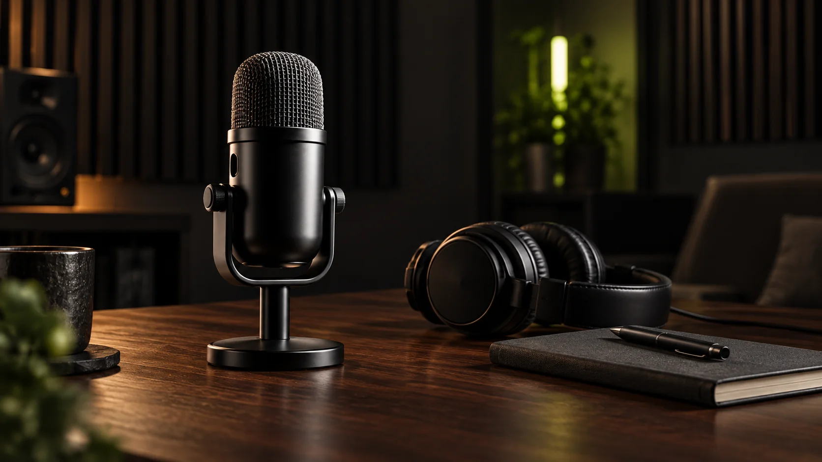 A black microphone, headphones, notebook, and pen on a walnut desk in a softly lit recording studio