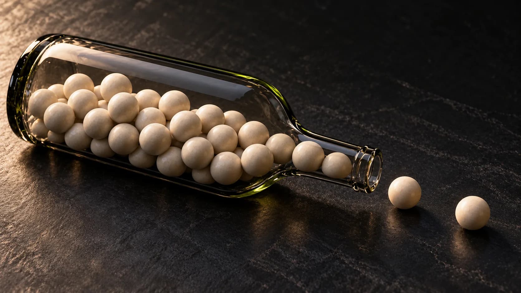 A glass bottle lying on dark stone, with ivory spheres gathered inside its wide body and passing through its narrow neck