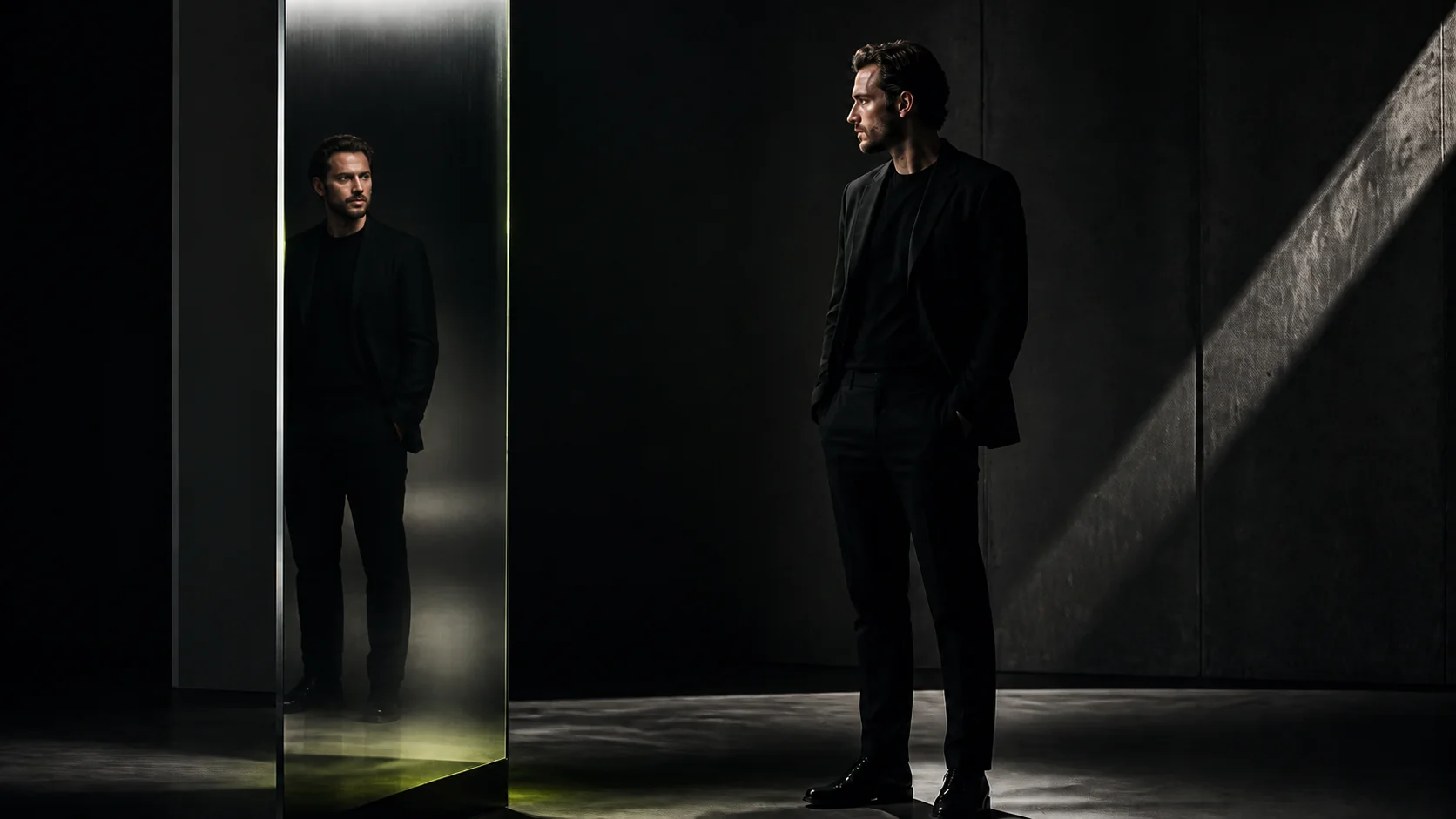 A leader in a dark room facing his reflection in a tall mirror with a subtle lime glow at its edge